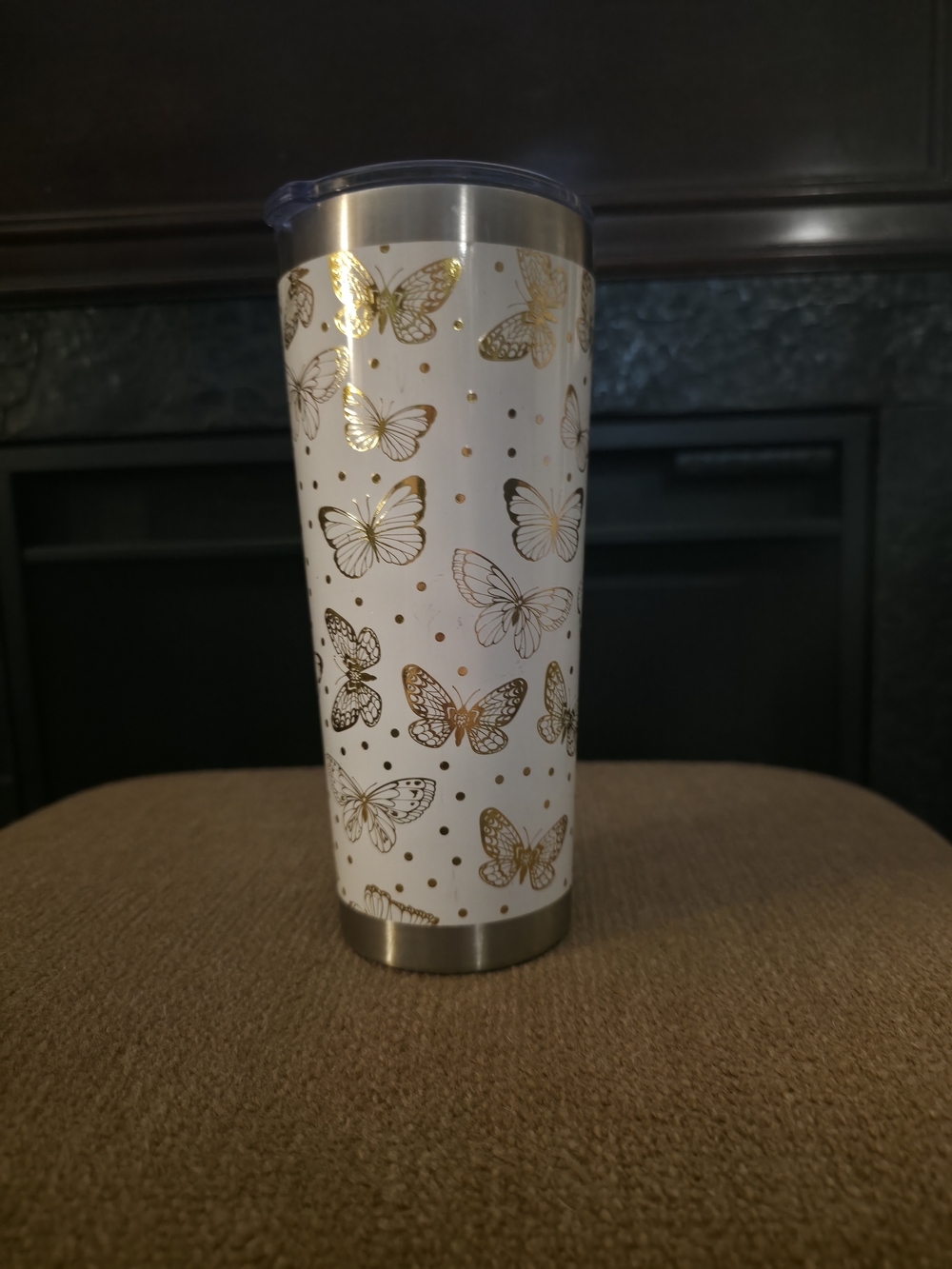 Gold Butterfly Stainless Steel Travel Tumbler - White